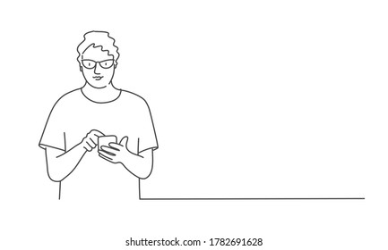 Dibujar la ilustración vectorial de un hombre con gafas usando el teléfono.