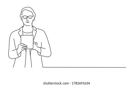 Line Drawing Vector Illustration Of Man With Glasses Using Tablet.