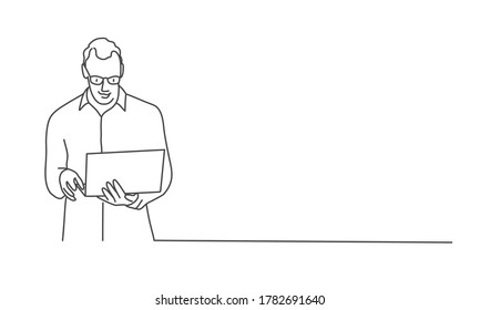 Dibujar en línea ilustraciones vectoriales de hombre con gafas usando laptop.