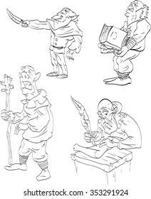 Line drawing vector illustration of medieval or fantasy villagers. Cartoon Characters.
