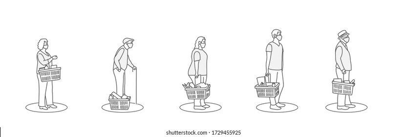 Line drawing vector illustration of men and women in medical face mask buying groceries in shop. Keep safe distance. Protect.