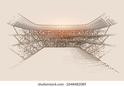 Line drawing Vector Illustration of a Modern Soccer Stadium with Crowd and Goalpost at Sunset. Hand Drawn Vector Football Stadium.