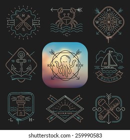 Line drawing vector illustration - Nautical, adventures and travel emblems signs and labels on a black background