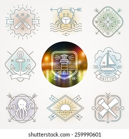Line drawing vector illustration - Nautical, adventures and travel emblems signs and labels