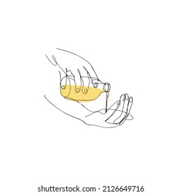 Line Drawing. Vector Illustration. Oil Bottle In Hand. Hand Massage Oil.