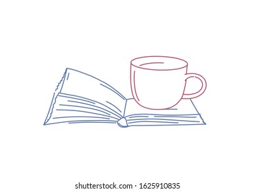 Line drawing vector illustration of open book and cup.