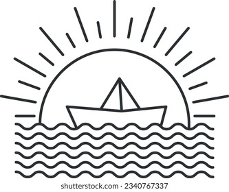 Line drawing vector illustration of a paper boat sailing in the sea.