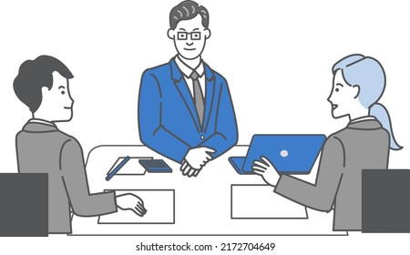 Line drawing vector illustration of a professor-style male and male and female salesman sitting at a work desk wearing glasses