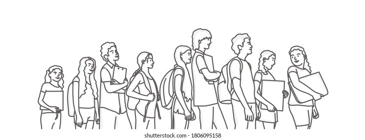 Line drawing vector illustration of a queue of teens.