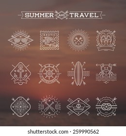 Line drawing vector illustration - Summer vacation, holidays and travel emblems signs and labels