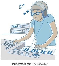 Line drawing vector illustration of a techno musician playing