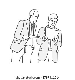 Line drawing vector illustration of two men in suits discussing work.