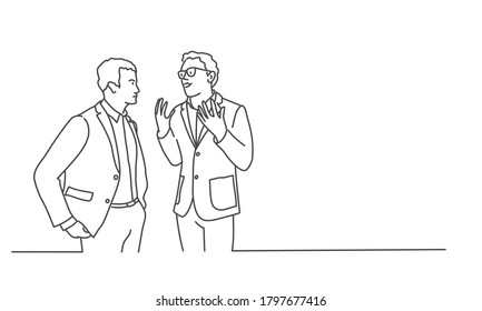 Line drawing vector illustration of two talking businessman.