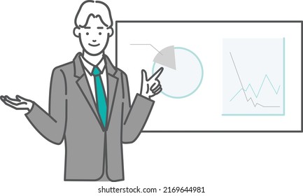 Zeilenzeichnung, Vektorgrafik des Oberkörpers eines Geschäftsmanns, der vor einem Whiteboard vorkommt