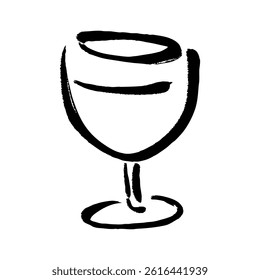 Line drawing vector illustration of wine in a wine glass with brush touch. The color is black.