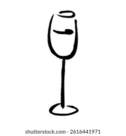 Line drawing vector illustration of wine in a wine glass with brush touch. The color is black.