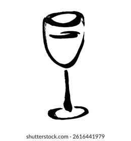 Line drawing vector illustration of wine in a wine glass with brush touch. The color is black.