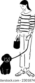 Line drawing vector illustration of a woman walking her dog