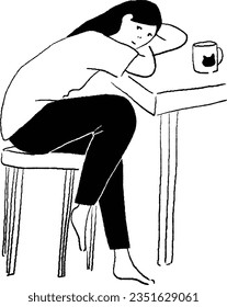 Line drawing vector illustration of a woman being held by a desk