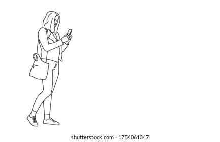 Line Drawing Vector Illustration Of Young Woman Using Phone.