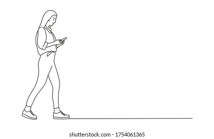 Line drawing vector illustration of young woman using phone. Girl going.
