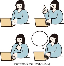 Line drawing vector of a laptop and a woman