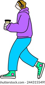Línea de dibujo vector de hombre caminando con café