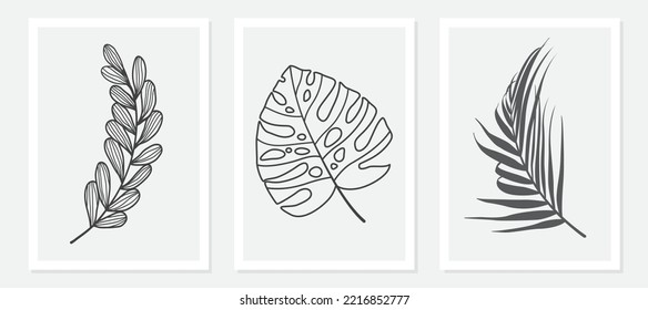 line drawing vector monstera leaf and palm tree leaves. Modern single line art, aesthetic contour. Perfect for home decor such as posters, wall art.