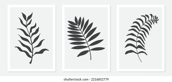 line drawing vector monstera leaf and palm tree leaves. Modern single line art, aesthetic contour. Perfect for home decor such as posters, wall art.