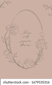 Line Drawing Vector Oval Floral Frame With Hand Drawn Jasmine Flowers, Plants, Branches, Herbs. Botanical Illustration. Leaf Logo. Wedding Invitation