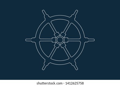 Line drawing vector of a ship or boat wheel on blue