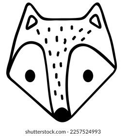 Line drawing in vector of a smiling fox, Black and white cartoon of a cute fox, drawing of an animal for a fairy tale. Fox head mascot