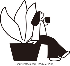Line drawing vector of a woman with houseplants