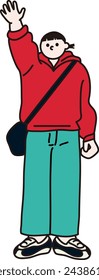 Line drawing vector of a woman raising one hand