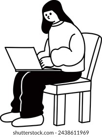 Line drawing vector of a woman sitting on a chair at a computer