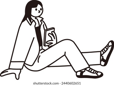 Line drawing vector of a woman sitting and looking at her phone