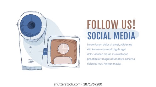 Line drawing of a video camera for video blogging. Vector illustration. Design for a video channel or video blog. Photoblog decoration with followers and great content.