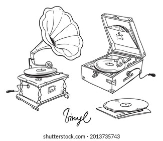 line drawing of vintage classic and portable gramophone vector illustration 