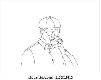 Dibujo en línea de un hombre vintage bebiendo, hombre con un dibujo de sombrero