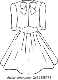 Line drawing of a vintage-style dress featuring a bow tie, detailed sleeves, and a flared skirt. Ideal for fashion design inspiration, sketches, or representing elegant and classic clothing styles.