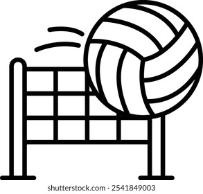 Un dibujo de línea de una red de voleibol con una pelota volando hacia ella, que representa un juego de voleibol.