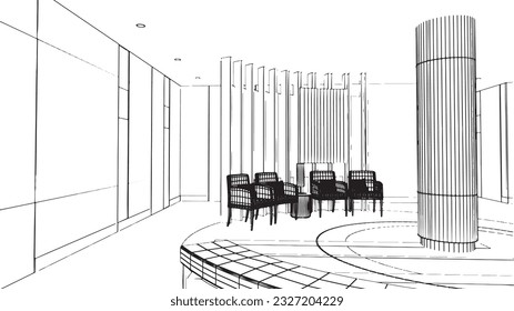 line drawing of the waiting area in the service station,3d rendering