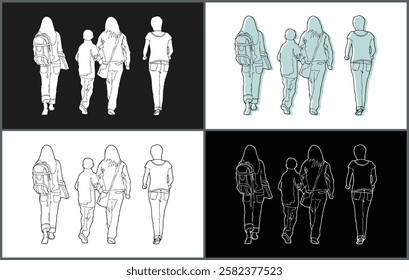 Line Drawing Walking and Standing Poses Casual Women View From Behind Illustrations set