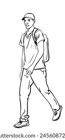 Line drawing of a walking young man in a cap and with a backpack, Vector sketch isolated, Hand drawn illustration