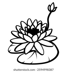 Line drawing of a water lily with multiple layers of petals and a large leaf beneath the flower. Ideal for coloring pages, tattoo designs, or decorative elements.