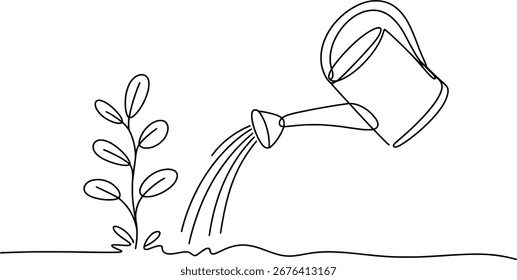 Un dibujo de línea de una regadera vertiendo agua sobre una Pequeña planta con hojas.