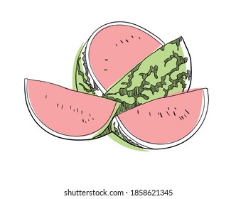 Line drawing watermelon rind with green pattern cut in half to see red flesh.