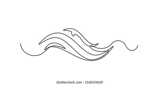 Line drawing wave. Single draw sea wave icon, line art seascape, continuous monoline drawing flow, one outline lineart ocean motion, linear vector illustration
