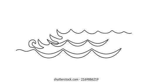 Line drawing wave. Single draw sea wave icon, line art seascape, continuous monoline drawing flow, one outline lineart ocean motion, linear vector illustration