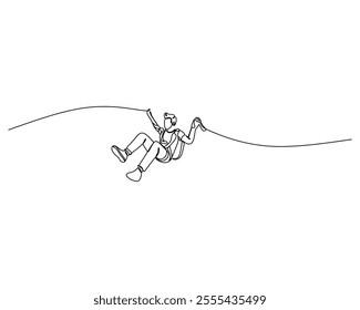 line drawing wearing a harness and helmet, holding onto the zip line with both hands. Ideal for adventure, sport, and outdoor activity themes